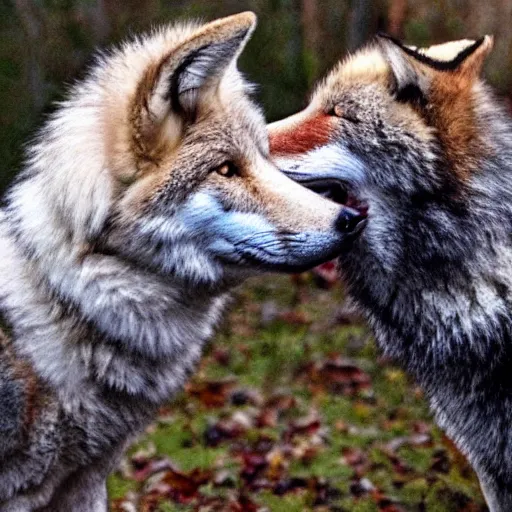 Image similar to wolf and fox kissing