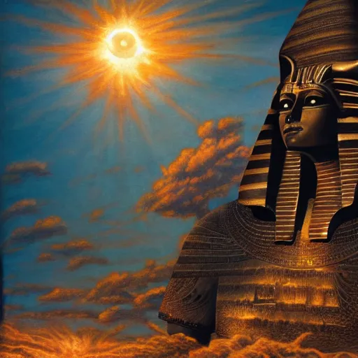 Image similar to epic disasterpiece Egyptian Sun God surrendering to darkness by Ken Kelly, photorealistic, cinematic, fantastic reality, detailed, intricate dramatic lighting, establishing shot, 8k resolution – W 1024