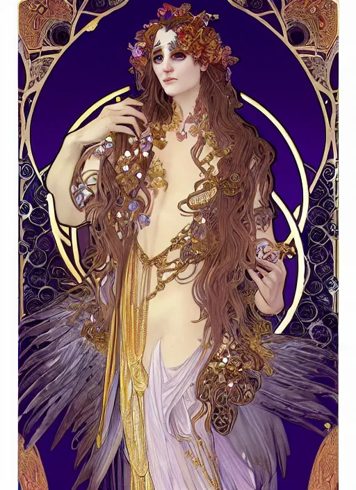 Prompt: thanatos, beautiful male god of death, long hair, wearing ornate silk and lace clothes, gold jewelry, moon, purple feathers, by Alphonse Mucha, by artgerm, super detailed, 8k