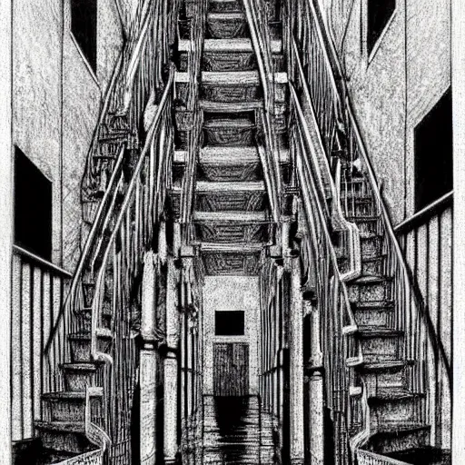 Prompt: a terrifying dark hallway with many doors and many stairs, impending doom, horror, Mc Escher architecture, epic composition, by Junji Ito