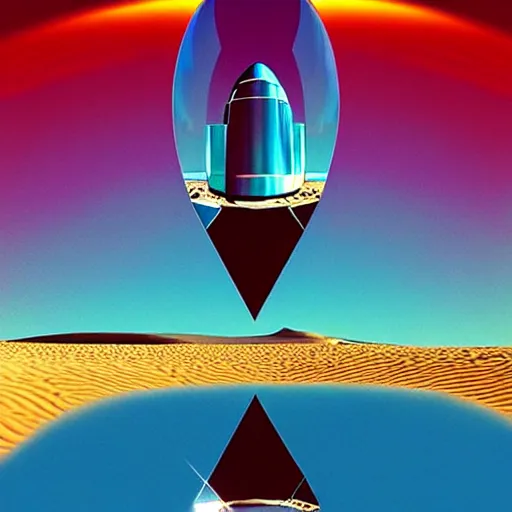 Prompt: poster big crystal in the desert, reflection from the crystal is sparkling due to sun, small starship near, futuristic, hi-tech details, style jean giraud