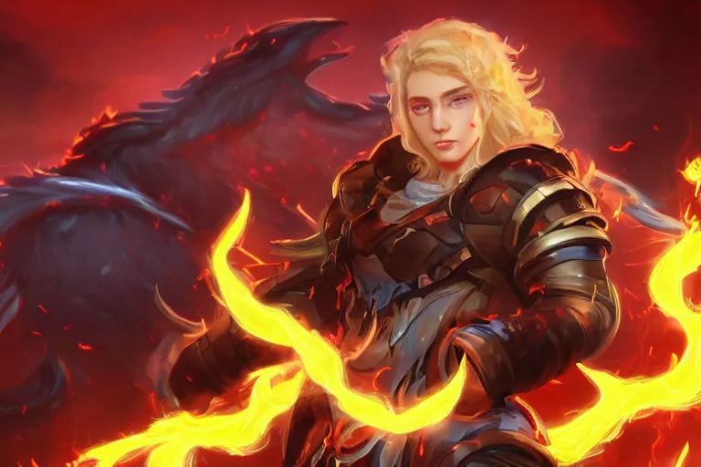 Prompt: Digital art of Lucius with fluffy curly blond hair, wreathed in scintillating flames Genetically engineered super soldier in a scorched land with a black roiling sky. Epic artstation league of legends splash art