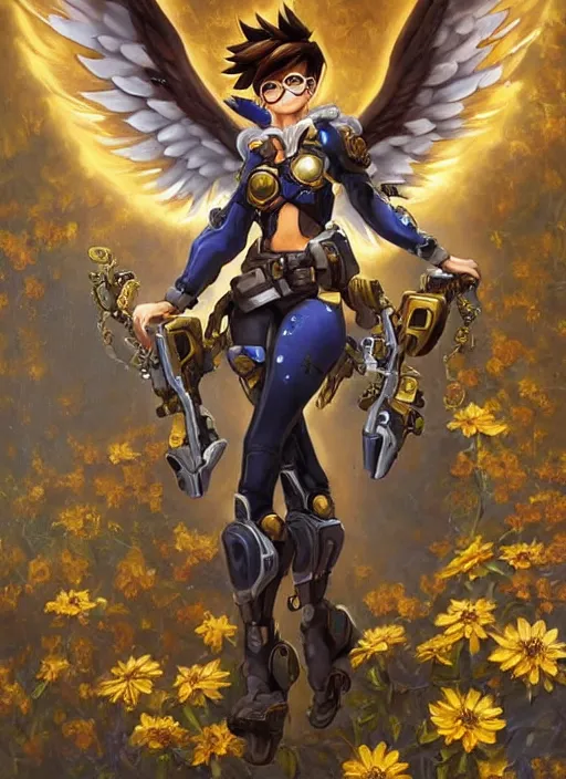 Image similar to full body oil painting of tracer overwatch in the style of sophie anderson, angel wings, angelic golden armor, dramatic painting, symmetrical composition, ornate, golden chains, high detail, gold detailed collar!!!!!, blooming, lights, flowers, detailed face,