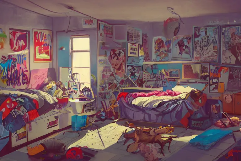 Image similar to a room of an american teen, graffiti and posters on the wall, bed, guitar, bookshelves, toys, bright, 8 0 s style, nostalgic, the sun shines in, warm, cozy, isometric art, bright, artstation, highly detailed, cinematic lighting + masterpiece