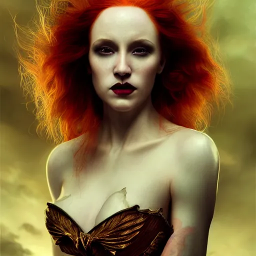 Image similar to majestic gracious regal aristocratic female red haired vampire portrait, aesthetically pleasing, atmospheric lighting, painted, seductive, menacing, intricate, volumetric lighting, beautiful, rich deep colours masterpiece, golden hour, golden ratio, sharp focus, ultra detailed, by leesha hannigan, ross tran, thierry doizon, kai carpenter, ignacio fernandez rios