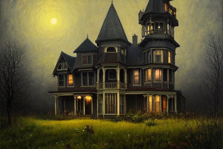 Prompt: a beautiful hyperrealistic painting of a victorian house with a tower at night, very detailed by andrea kowch and samuel and joseph newsom