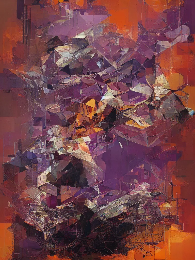 Prompt: a beautiful glitched geometric painting by robert proch and emilio pettoruti of an anatomy structure study of the human nervous system on top of rectangle shapes, color bleeding, pixel sorting, copper oxide and rust materials, brushstrokes by jeremy mann, dramatic lighting, pastel purple background