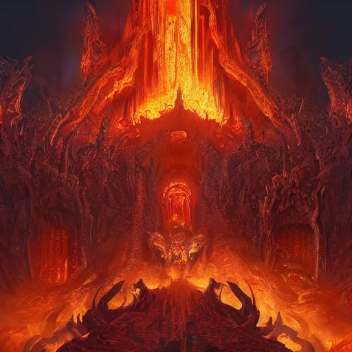 Prompt: a fiery hellscape, doom guy, in style of Midjourney, insanely detailed and intricate, golden ratio, elegant, ornate, unfathomable horror, elite, ominous, haunting, matte painting, cinematic, cgsociety, Andreas Marschall, James jean, Noah Bradley, Darius Zawadzki, vivid and vibrant