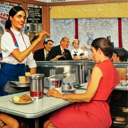 Image similar to Alexandria Ocasio-Cortez in a diner, by Norman Rockwell