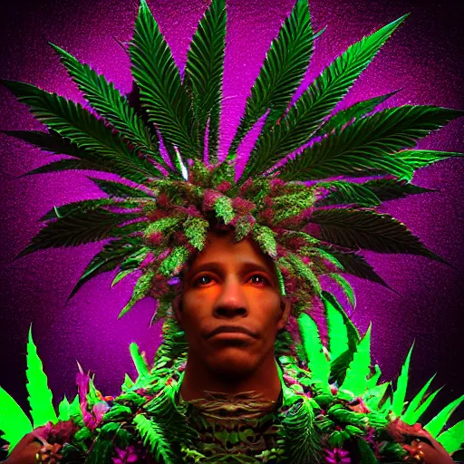 Prompt: an african marijuanna! shaman with an afro made of flowers, third eye art art by machina infinitum, complexity from simplicity, rendered in octane, mandelbulb 3 d, rim lighting, ambient occlusion, macro photography, felt!!! texture, tribal, neon! retrowave