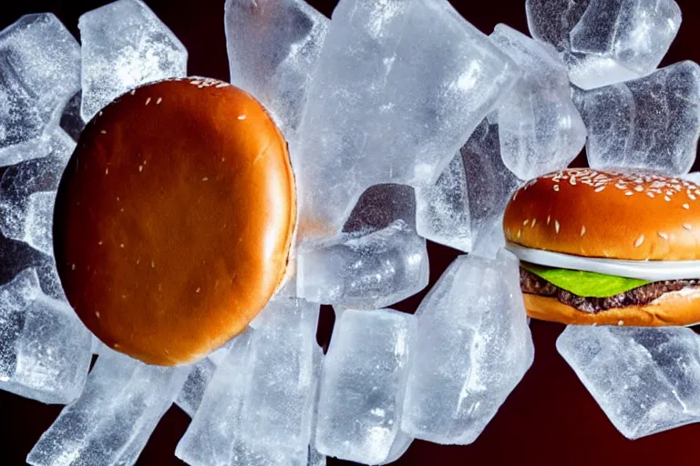 Image similar to a clear ice sculpture of a burger made entirely of ice, 4 k