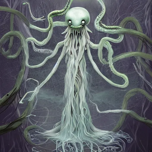 Prompt: ethereal spectral live action muppet ghost like figure with a parasitic squid head taking over its own with four long tentacles for arms that flow gracefully at its sides like a cloak, it has a mermaid like body with a snake tail instead of legs, it stalks around frozen forests searching for lost souls to consume, hides in the shadows of trees, this character uses hydrokinesis and electrokinesis, it is a real muppet by sesame street, photo realistic, real, realistic, felt, stopmotion, photography, sesame street, monsters inc pixar