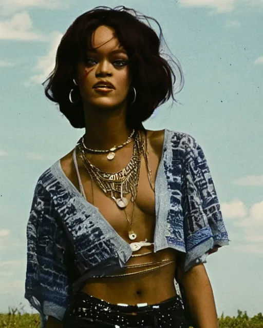 Prompt: a portrait of a 1 9 6 0 s hippie looking like rihanna