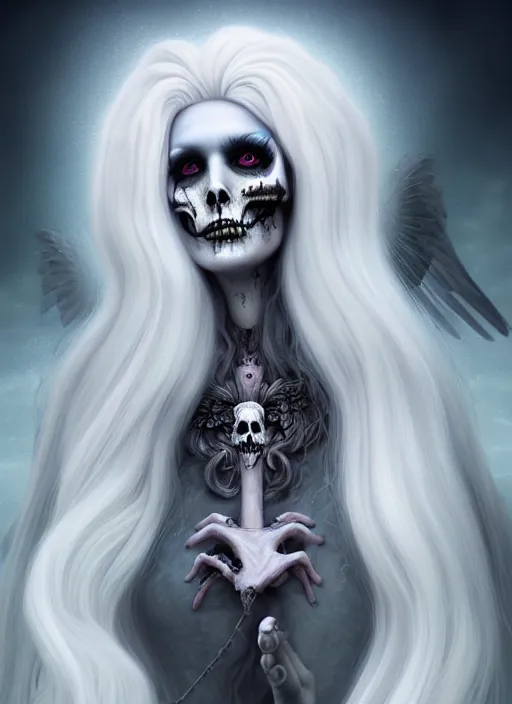 Image similar to goddess of death in a cemetary, white hair, decaying face, cool colors, digital painting, realism, extreme detail, trending on artstation, by natalie shau and hans zatzka