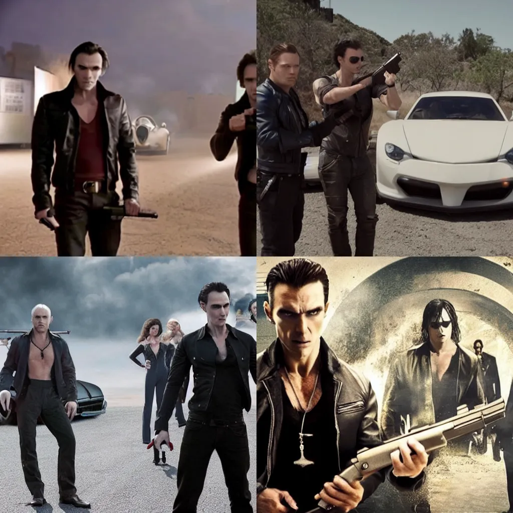 Prompt: Still from Vampires Holding Guns Next To Fast Cars Movie, heavily downvoted, haphazardly executed, awful quality