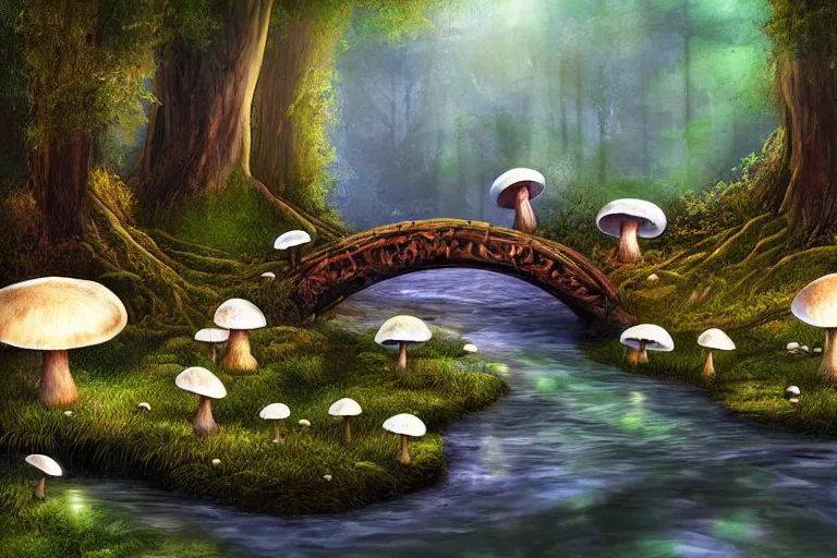 Prompt: giant glowing mushrooms next to a small bridge, flowing water, digital art, scenic,