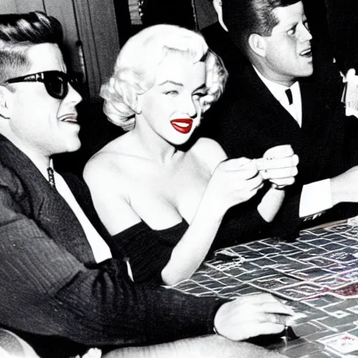 Image similar to a highly detailed photo of marilyn monroe and jfk playing yu - gi - oh, antique photo