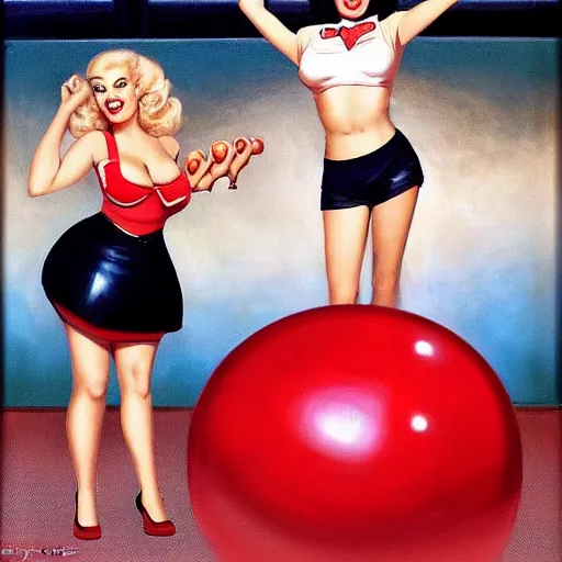 Prompt: jayne mansfield in a bowling alley, jayne mansfield about to roll a large red bowling ball down a bowling land towards bowling pins, jayne mansfield holding a large red bowling ball in a provocative pose, by mort kunstler and gil elvgren