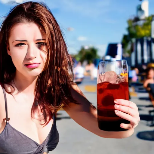 Prompt: a tired and over-heated young female bartender with brown hair serving people alcohol under the hot sun, photograph, 4k UHD