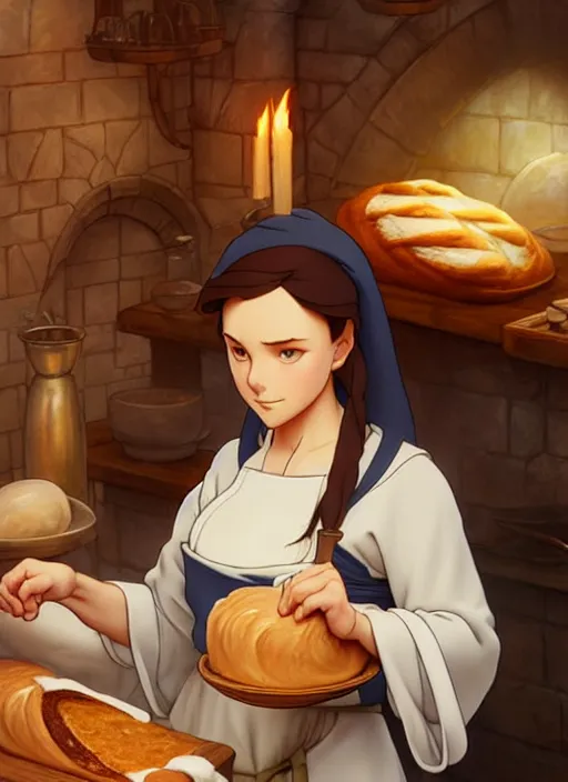 Image similar to focused medieval chef baking bread natural lighting, path traced, highly detailed, high quality, digital painting, by don bluth and ross tran and studio ghibli and alphonse mucha, artgerm