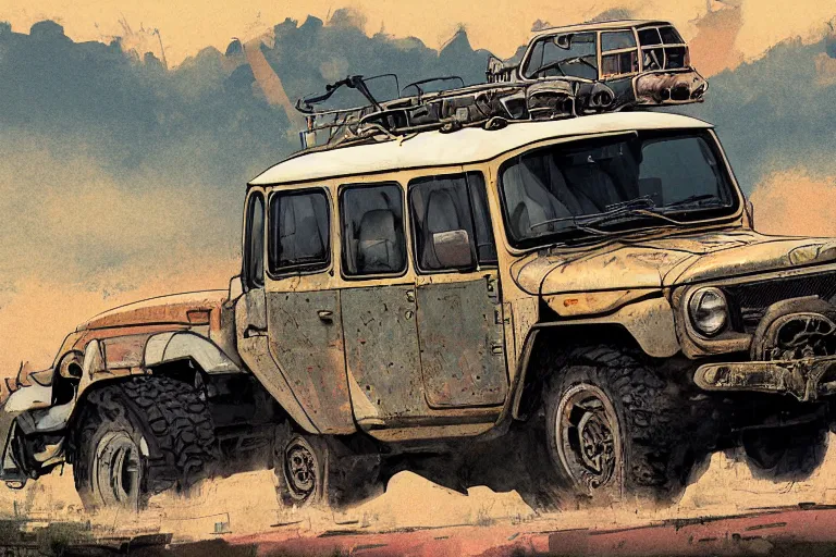 Image similar to digital illustration of mad max's fj 4 0 decrepit pursuit special, rusty nissan fj cruiser 1 9 8 0 s, the last v 8 interceptor by makoto shinkai, ilya kuvshinov, lois van baarle, rossdraws, basquiat