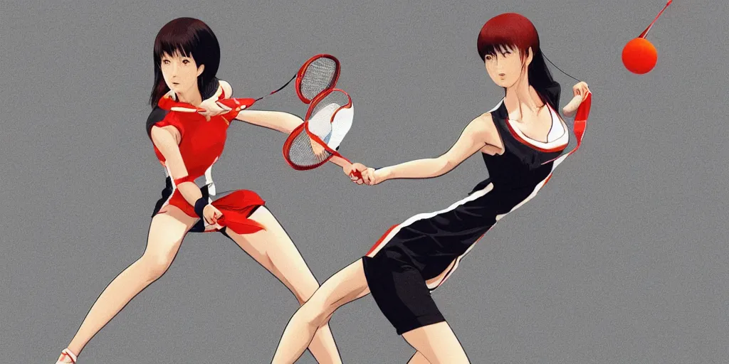 Image similar to illustration of a badminton, realistic body poses, badminton rackets, badminton birdies, by ilya kuvshinov katsuhiro otomo