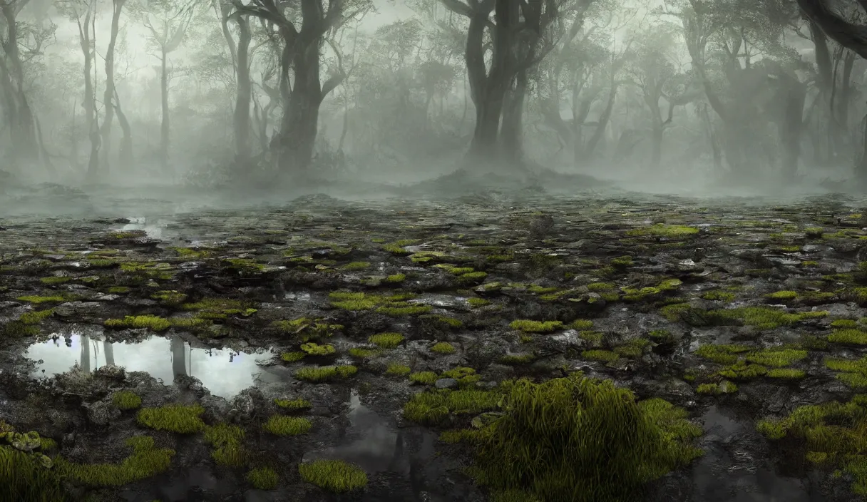 Prompt: realistic bubbling peat bog from which grow lush carnivorous plants, murky water, reflections, contrasting light, attention to detail, dark and dramatic atmosphere, volumetric fog, raytracing, back light, raymarching, by ilm, by digital domain, by weta digital