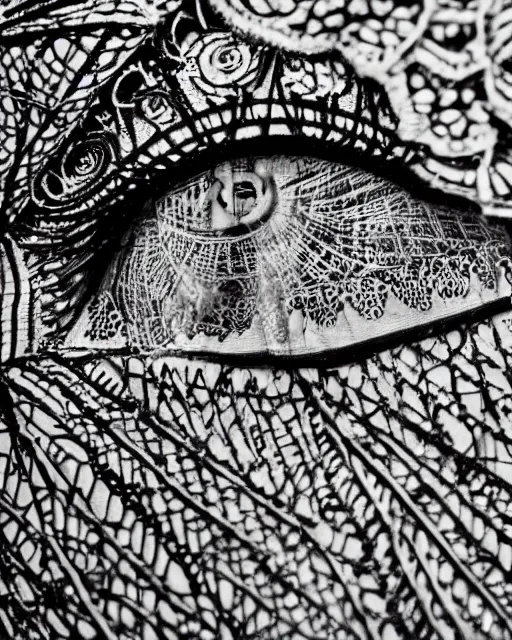 Image similar to extreme close up of a woman's eye, made of intricate decorative lace leaf skeleton, in the style of the dutch masters and gregory crewdson, dark and moody