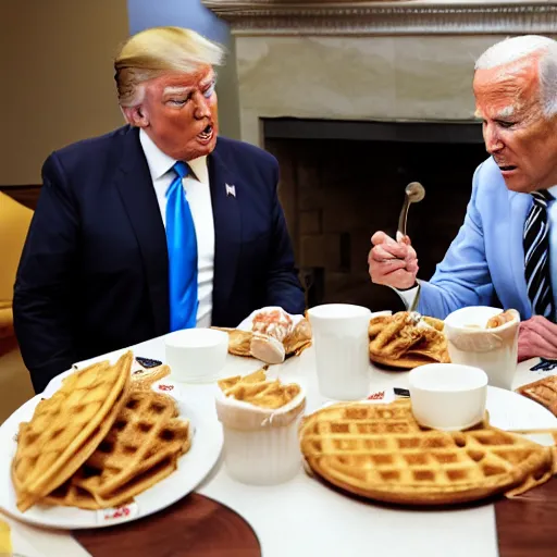 Image similar to photograph of trump and Biden sitting and eating breakfast at a Wafflehouse