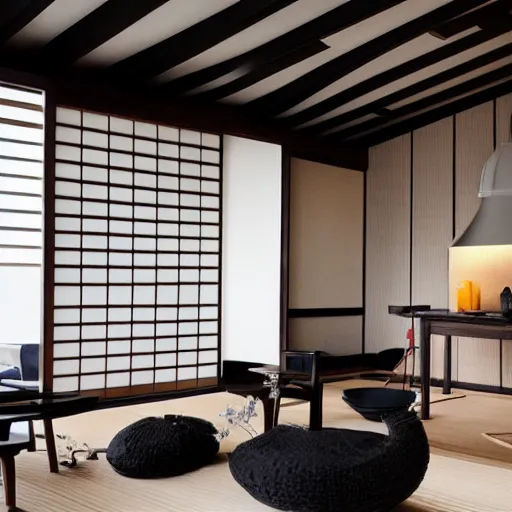 Image similar to lounge and dining room, stone, interior design, stylish luxury hotel living room design, yakisugi, black vertical slatted timber, textures, feminine, black walls, art, Japanese pottery vase with flowers, kakejiku, seasonal, Japanese influences