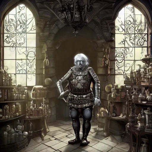 Prompt: full body artwork of Dennis hopper as a devious medieval lord standing on the right inside a big medieval Shop with tall windowpane, shelves full of medieval goods, morning light, trending on artstation, style of peter mohrbacher, unreal engine, octane render, intricate details, 8k high definition, beauriful, ornate, hyperrealistic