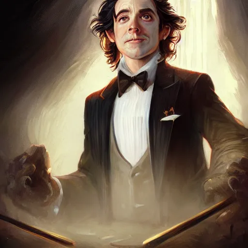 Image similar to masterpiece portrait of a hobbit gentleman in a tuxedo, Cinematic lightning, D&D, fantasy, highly detailed, digital painting, sharp focus, illustration, art by artgerm and greg rutkowski and magali villeneuve