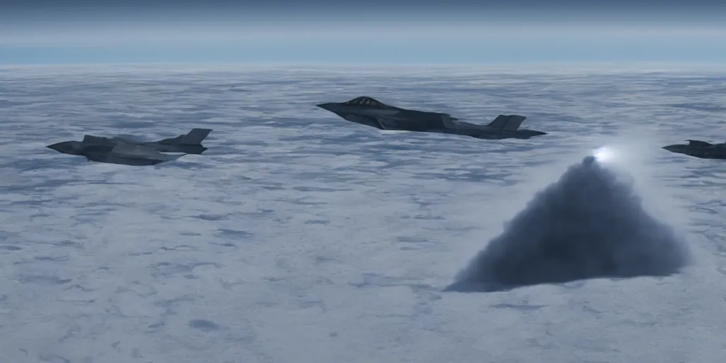 Prompt: Hyper realistic artic ice shelves being bombed by F-35 Raptors, 8k, unreal 5 engine render, 25mm film grain