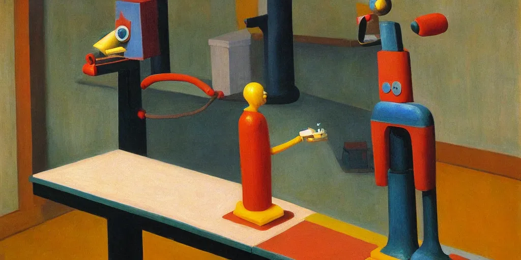 Prompt: robot with a beak dispensing icing onto cupcakes on a conveyor belt, grant wood, pj crook, edward hopper, oil on canvas