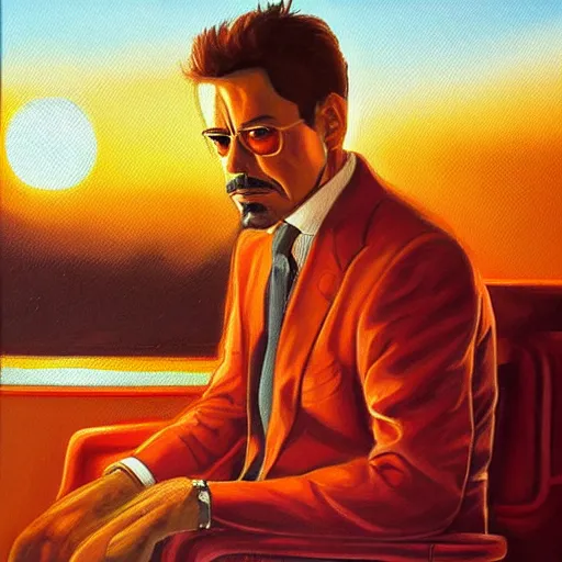 Prompt: detailed oil painting of tony stark sitting in an armchair in a room with the setting sun, by jama jurabaev, brush hard, golden hour