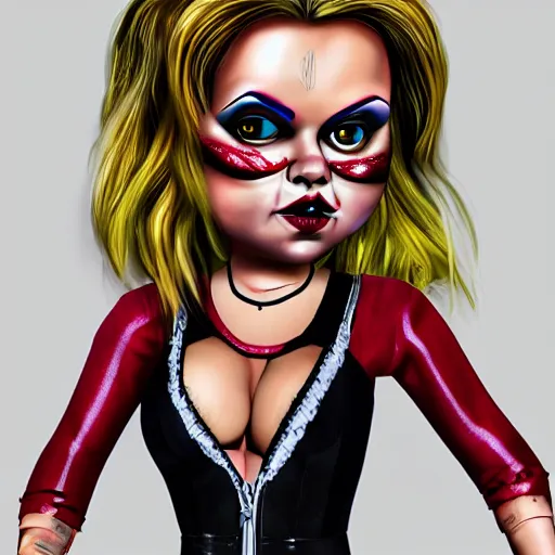 Prompt: Bride of Chucky, full body,Wearing a wedding dress, ilustration, photo realistic
