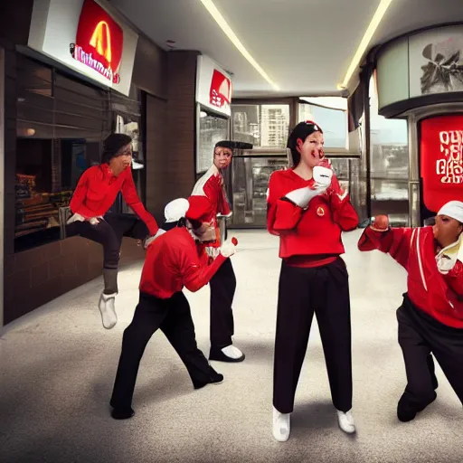 Image similar to macdonalds restaurant staff fighting with kfc restaurant staff, hyper real, 8 k, octane render, vivid, bright, photo realistic, city street, riot