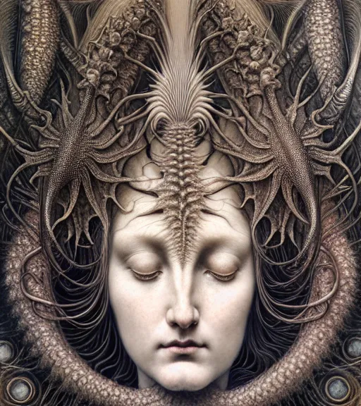 Image similar to detailed realistic beautiful thistle goddess face portrait by jean delville, gustave dore, iris van herpen and marco mazzoni, art forms of nature by ernst haeckel, art nouveau, symbolist, visionary, gothic, neo - gothic, pre - raphaelite, fractal lace, intricate alien botanicals, biodiversity, surreality, hyperdetailed ultrasharp octane render