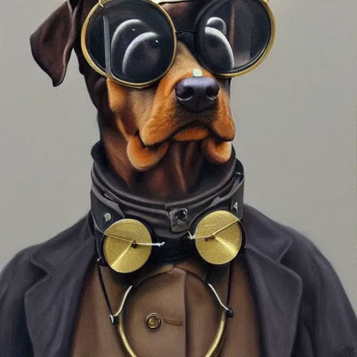 Prompt: a hyperrealistic painting of a steampunk dobermann, brass goggles, by john kenn mortensen, highly detailed,