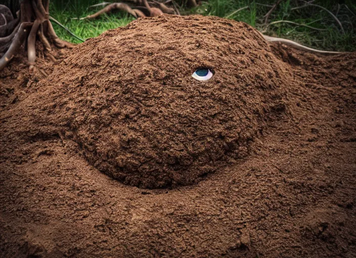 Prompt: photography, backyard scene, a colossal organic alien face stuck in the dirt, sinking into the ground, organic mass face, cluttered backyard, hd photography, hyper realistic, sharp focus, analog, grunge