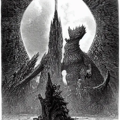Image similar to dark fantasy illustration of tinkerbell godzilla, drawn by gustave dore