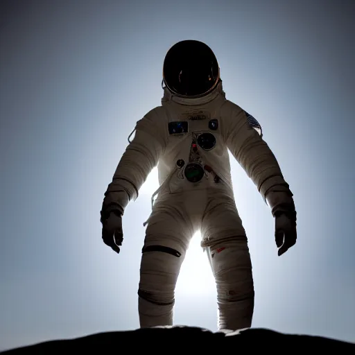 Image similar to astronaut silhouette with arms extended forward, bottom of arms lit by light coming from offcamera, light coming from below, dark background, lit from below, full body photo,, 8 k