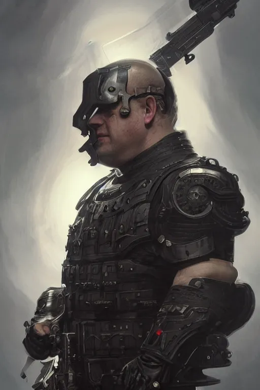 Image similar to boris johnson as punisher, armor plate, realistic portrait, symmetrical, highly detailed, digital painting, artstation, concept art, smooth, sharp focus, illustration, cinematic lighting, art by artgerm and greg rutkowski and alphonse mucha