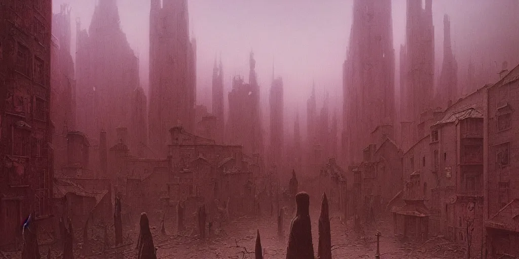 Prompt: painting of town inhabited by eldritch entities beyond human comprehension, Zdzislaw Beksinski, Lewis Jones, Wayne Barlowe, street view, gothic, lovecraftian, cosmic horror, grotesque, warm hue's