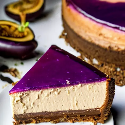 Image similar to close view of a delicious sweet and perfect eggplant cheesecake piece, award winning, 4 k, beautiful