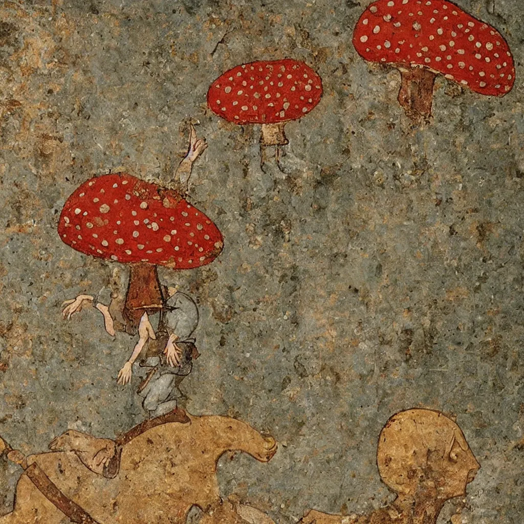Image similar to medieval fresco of a man riding on top of an amanita muscaria mushroom