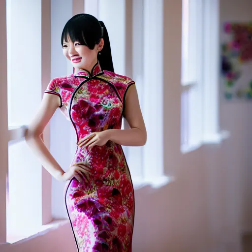 Image similar to girl in cheongsam with a great curve，photography, 4k, smile