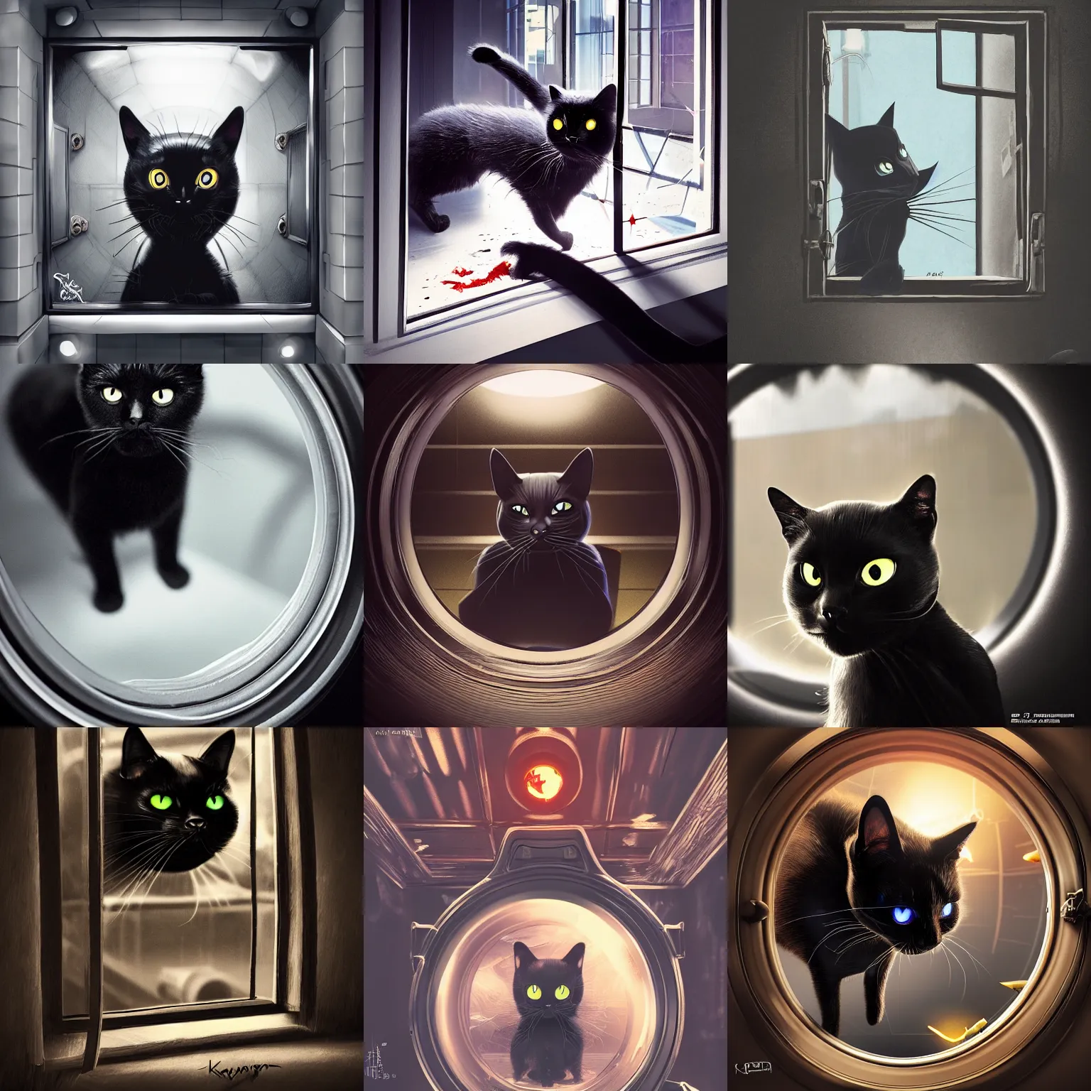 Prompt: schrodinger's black cat plans its revenge, angry, inside its box, looking at us from a porthole, waporware, raytracing, dreamy, sharp focus, cinematic lighting, highly detailed, artstation, divine, by kazuya takahashi