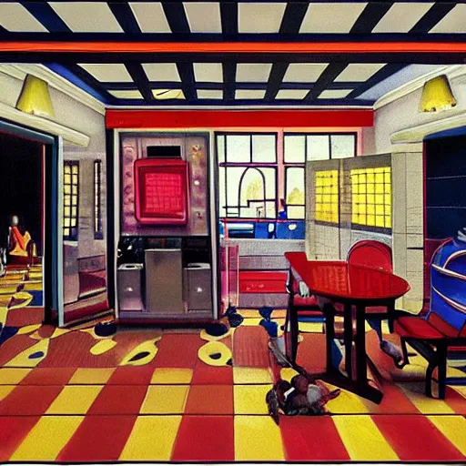 Prompt: realistic painting of chuck e. cheese building interior, in the style of johannes vermeer