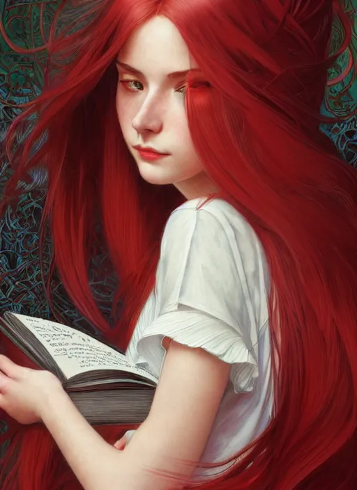 Image similar to perfectly - centered - portrait of a girl reading a book, white long hair with red motives, intricate, highly detailed, digital painting, artstation, concept art, smooth, sharp focus, illustration, unreal engine 5, 8 k, art by artgerm and greg rutkowski and alphonse mucha